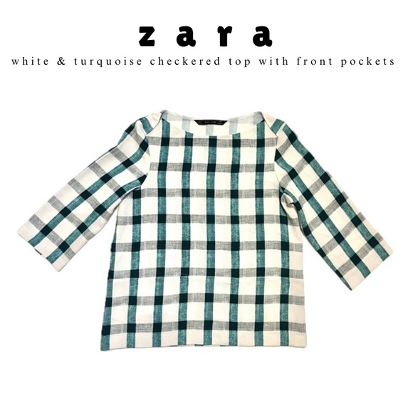 🍭 3/$20 Zara turquoise &white plaid tartan quarter sleeve top with front pockets - Picture 3 of 11